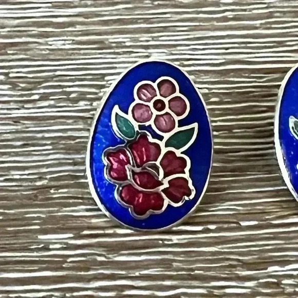 Vintage Cloisonné Enamel Floral Studs Oval Egg Shape Gold Tone Earrings Blue Red - Picture 2 of 4
